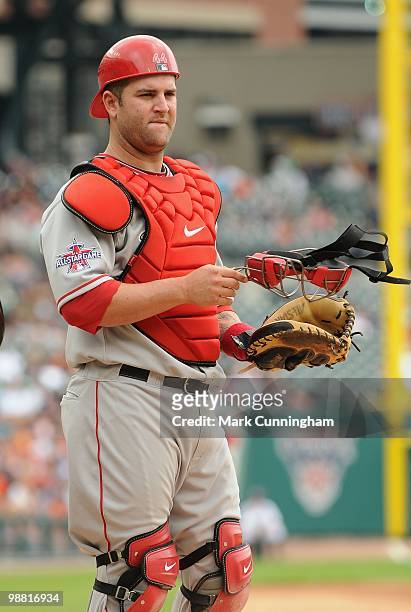 Mike Napoli of the Los Angeles Angels of Anaheim looks on against the Detroit Tigers during the game at Comerica Park on May 2, 2010 in Detroit,...