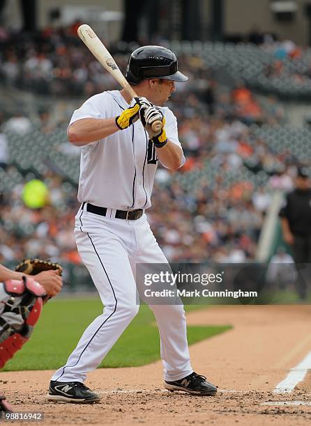 Scott Sizemore of the Detroit Tigers bats against the Los Angeles Angels of Anaheim during the game at Comerica Park on May 2, 2010 in Detroit,...