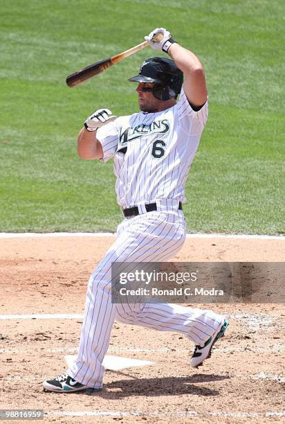 Dan Uggla of the Florida Marlins bats during a MLB game against the San Diego Padres in Sun Lite Stadium on April 28, 2010 in Miami, Florida. (Photo...