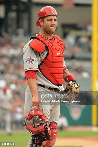 Mike Napoli of the Los Angeles Angels of Anaheim looks on against the Detroit Tigers during the game at Comerica Park on May 2, 2010 in Detroit,...