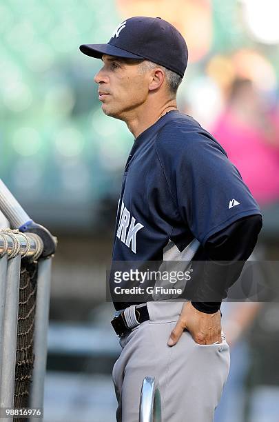 Manager Joe Girardi of the New York Yankees watches batting practice before the game against the Baltimore Orioles at Camden Yards on April 29, 2010...