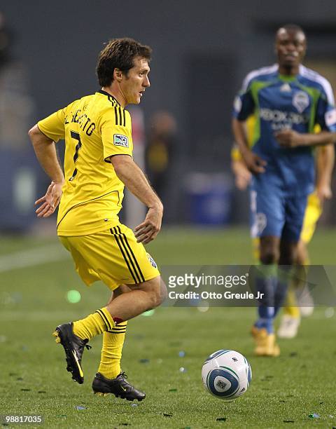 Guillermo Barros Schelotto of the Columbus Crew in action against the Seattle Sounders FC on May 1, 2010 at Qwest Field in Seattle, Washington.