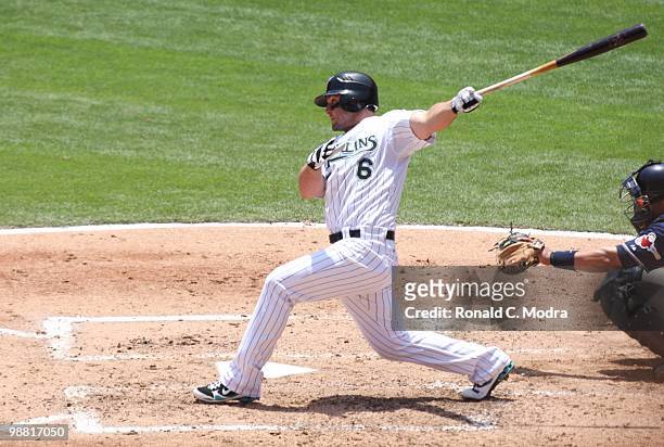 Dan Uggla of the Florida Marlins bats during a MLB game against the San Diego Padres in Sun Lite Stadium on April 28, 2010 in Miami, Florida. (Photo...