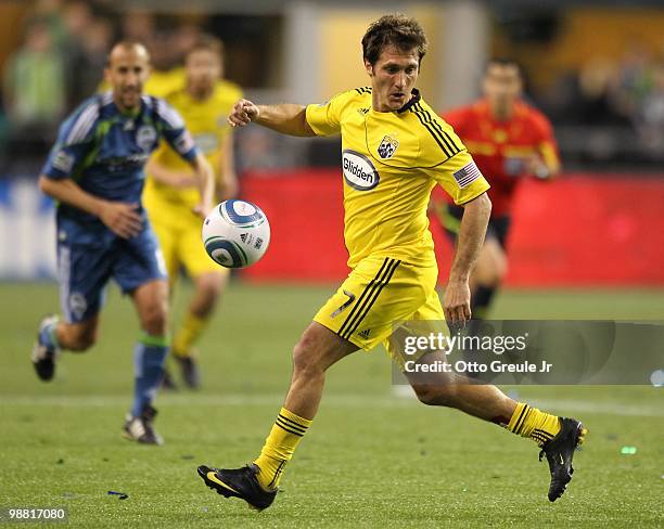 Guillermo Barros Schelotto of the Columbus Crew in action against the Seattle Sounders FC on May 1, 2010 at Qwest Field in Seattle, Washington.