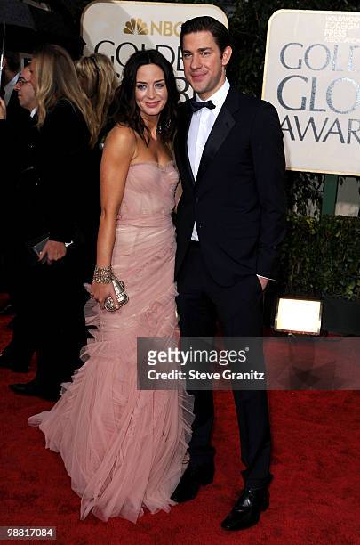 Actors Emily Blunt and John Krasinski arrives at the 67th Annual Golden Globe Awards at The Beverly Hilton Hotel on January 17, 2010 in Beverly...