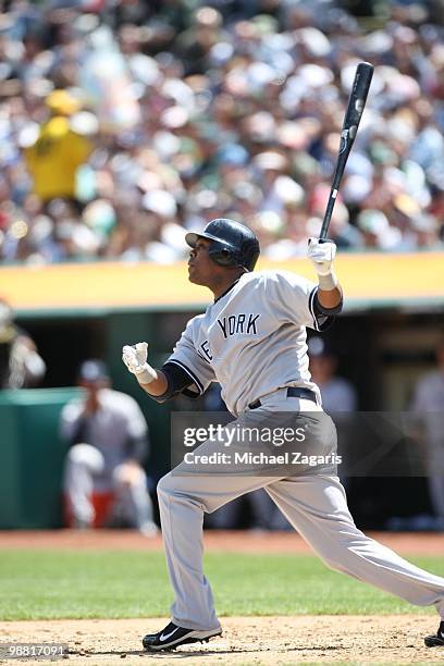 Marcus Thames of the New York Yankees hitting during the game against the Oakland Athletics at the Oakland Coliseum on April 22, 2010 in Oakland,...