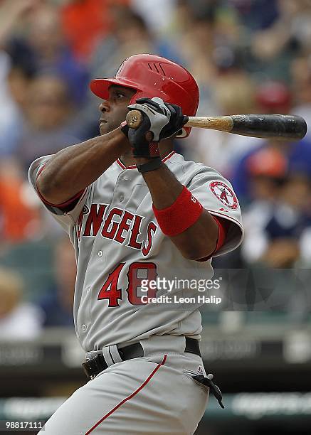 Torii Hunter of the Los Angeles Angels of Anaheim bats during the seventh inning of the game against the Detroit Tigers on May 2, 2010 at Comerica...