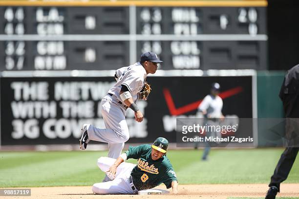 Robinson Cano of the New York Yankees turning two during the game against the Oakland Athletics at the Oakland Coliseum on April 22, 2010 in Oakland,...