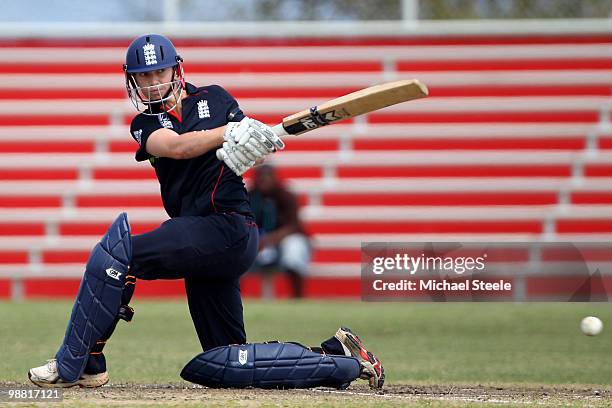 Beth Morgan of England during the ICC T20 Women's World Cup warm up match between Egland and Sri Lanka at St Paul's Ground on May 3, 2010 in St...