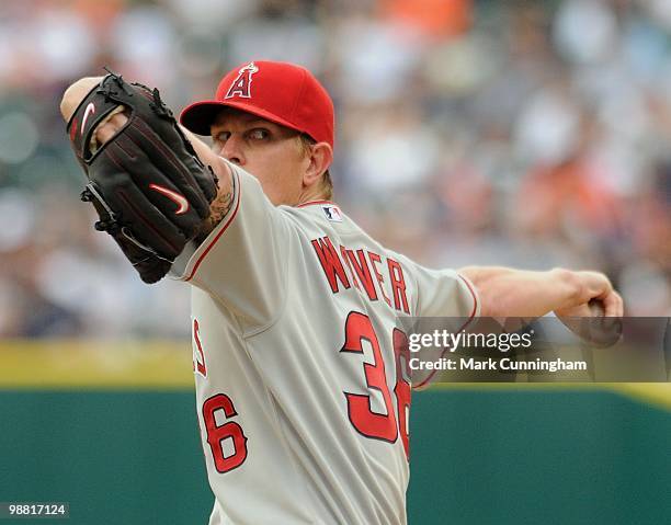 Jered Weaver of the Los Angeles Angels of Anaheim pitches against the Detroit Tigers during the game at Comerica Park on May 2, 2010 in Detroit,...