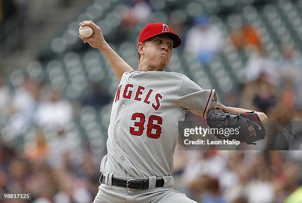 Jered Weaver of the Los Angeles Angels of Anaheim pitches in the fourth inning against the Detroit Tigers during the game on May 2, 2010 at Comerica...