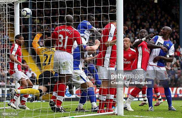 Chris Samba of Blackburn Rovers scores the winning goal during the Barclays Premier League match between Blackburn Rovers and Arsenal at Ewood Park...