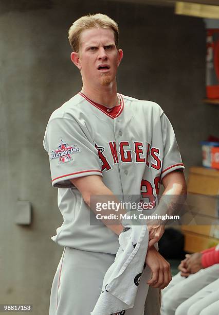 Jered Weaver of the Los Angeles Angels of Anaheim looks on from the dugout against the Detroit Tigers during the game at Comerica Park on May 2, 2010...