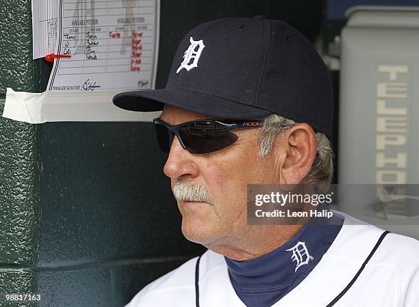 Jim Leyland of the Detroit Tigers sits in the dugout prior to the start of the game against the Los Angeles Angels of Anaheim on May 2, 2010 at...