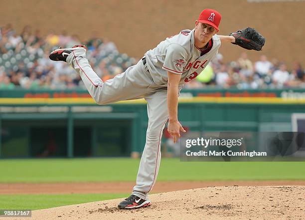 Jered Weaver of the Los Angeles Angels of Anaheim pitches against the Detroit Tigers during the game at Comerica Park on May 2, 2010 in Detroit,...