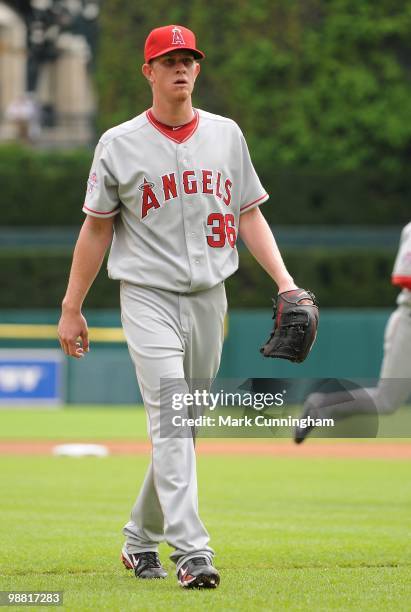 Jered Weaver of the Los Angeles Angels of Anaheim walks off the field against the Detroit Tigers during the game at Comerica Park on May 2, 2010 in...