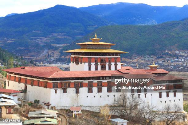 paro dzong (castle and monastery), bhutan. - paro dzong stockfoto's en -beelden