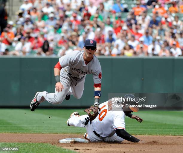 Secondbaseman Dustin Pedroia of the Boston Red Sox leaps over outfielder Adam Jones of the Baltimore Orioles after making the relay throw to...