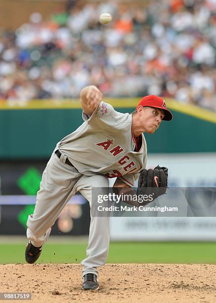 Jered Weaver of the Los Angeles Angels of Anaheim pitches against the Detroit Tigers during the game at Comerica Park on May 2, 2010 in Detroit,...