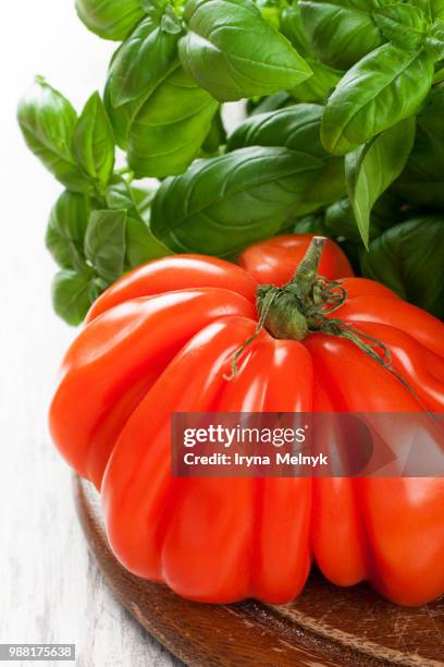 fresh tomato with basil - beefsteak tomato stock pictures, royalty-free photos & images