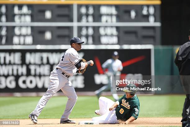 Robinson Cano of the New York Yankees turning two during the game against the Oakland Athletics at the Oakland Coliseum on April 22, 2010 in Oakland,...