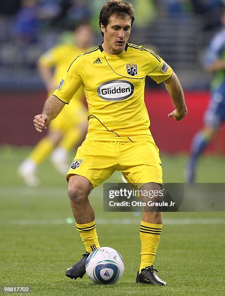 Guillermo Barros Schelotto of the Columbus Crew in action against the Seattle Sounders FC on May 1, 2010 at Qwest Field in Seattle, Washington.