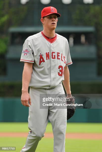 Jered Weaver of the Los Angeles Angels of Anaheim walks off the field against the Detroit Tigers during the game at Comerica Park on May 2, 2010 in...