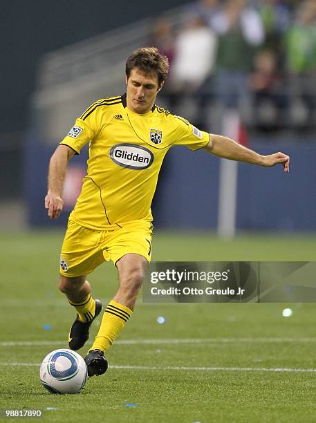 Guillermo Barros Schelotto of the Columbus Crew in action against the Seattle Sounders FC on May 1, 2010 at Qwest Field in Seattle, Washington.