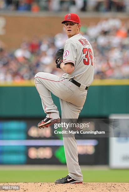 Jered Weaver of the Los Angeles Angels of Anaheim pitches against the Detroit Tigers during the game at Comerica Park on May 2, 2010 in Detroit,...