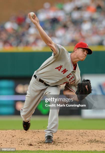 Jered Weaver of the Los Angeles Angels of Anaheim pitches against the Detroit Tigers during the game at Comerica Park on May 2, 2010 in Detroit,...
