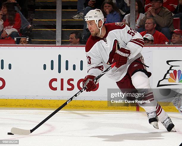 Derek Morris of the Phoenix Coyotes skates with puck during Game Six of the Western Conference Quarterfinals of the 2010 NHL Stanley Cup Playoffs...