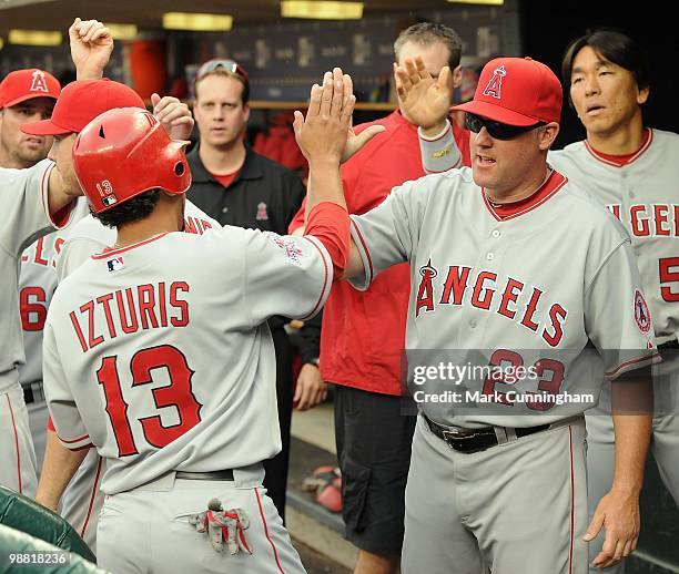 Maicer Izturis and coach Mike Butcher of the Los Angeles Angels of Anaheim high-five in the dugout against the Detroit Tigers during the game at...