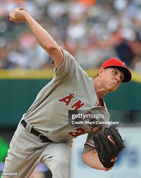 Jered Weaver of the Los Angeles Angels of Anaheim pitches against the Detroit Tigers during the game at Comerica Park on May 2, 2010 in Detroit,...