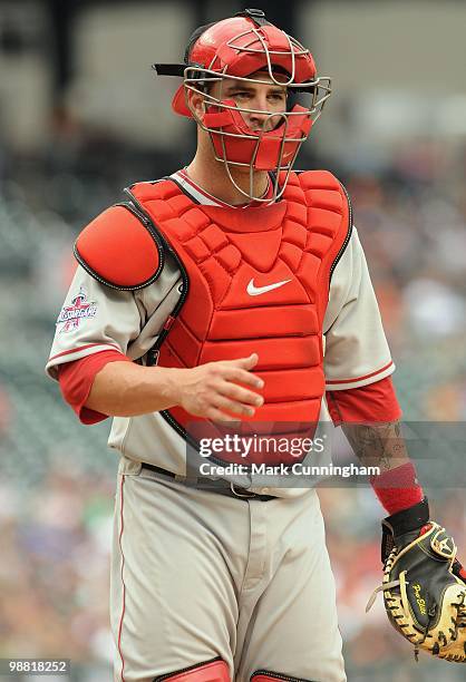 Mike Napoli of the Los Angeles Angels of Anaheim looks on against the Detroit Tigers during the game at Comerica Park on May 2, 2010 in Detroit,...