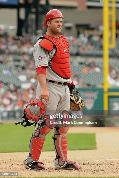 Mike Napoli of the Los Angeles Angels of Anaheim looks on against the Detroit Tigers during the game at Comerica Park on May 2, 2010 in Detroit,...