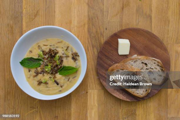 potato, leek, wild rice and fennel soup - leek stock pictures, royalty-free photos & images