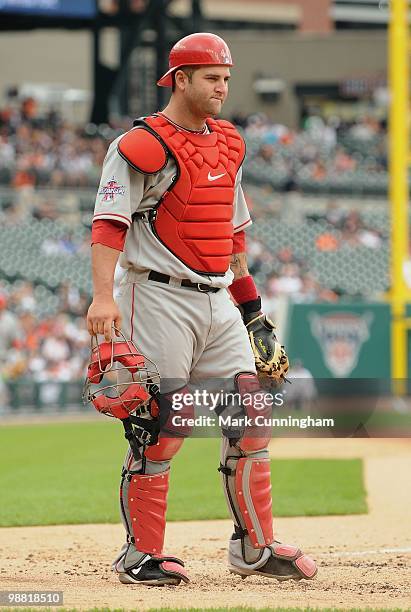 Mike Napoli of the Los Angeles Angels of Anaheim looks on against the Detroit Tigers during the game at Comerica Park on May 2, 2010 in Detroit,...