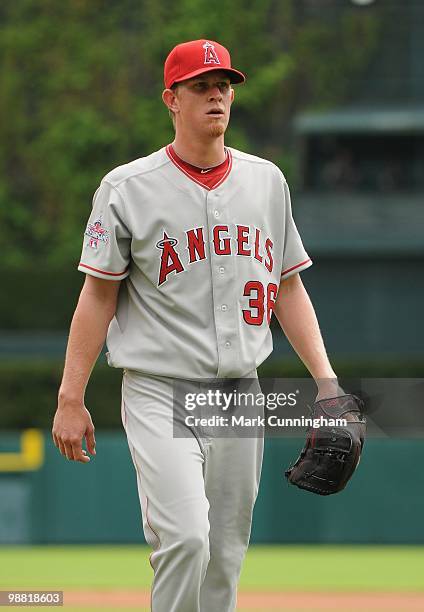 Jered Weaver of the Los Angeles Angels of Anaheim walks off the field against the Detroit Tigers during the game at Comerica Park on May 2, 2010 in...