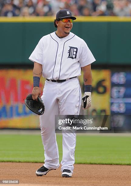 Miguel Cabrera of the Detroit Tigers looks on against the Los Angeles Angels of Anaheim during the game at Comerica Park on May 2, 2010 in Detroit,...