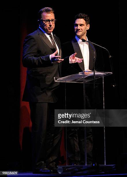 Actors Anthony LaPaglia and Justin Bartha present the award for Outstanding Play at the 2010 Lucille Lortel Awards benefit at Terminal 5 on May 2,...