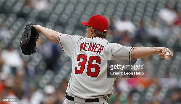 Jered Weaver of the Los Angeles Angels of Anaheim pitches in the fourth inning against the Detroit Tigers during the game on May 2, 2010 at Comerica...