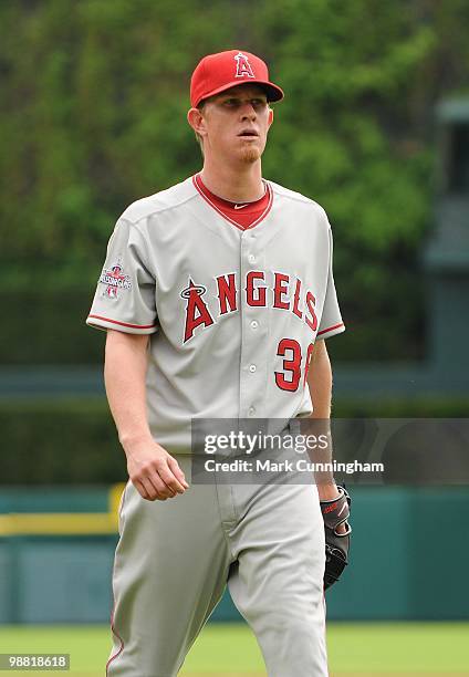 Jered Weaver of the Los Angeles Angels of Anaheim walks off the field against the Detroit Tigers during the game at Comerica Park on May 2, 2010 in...