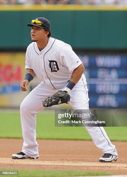 Miguel Cabrera of the Detroit Tigers fields against the Los Angeles Angels of Anaheim during the game at Comerica Park on May 2, 2010 in Detroit,...