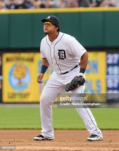 Miguel Cabrera of the Detroit Tigers fields against the Los Angeles Angels of Anaheim during the game at Comerica Park on May 2, 2010 in Detroit,...