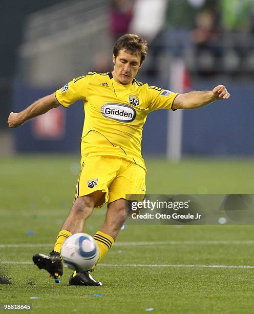 Guillermo Barros Schelotto of the Columbus Crew in action against the Seattle Sounders FC on May 1, 2010 at Qwest Field in Seattle, Washington.