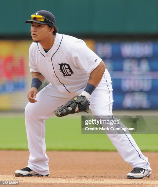 Miguel Cabrera of the Detroit Tigers fields against the Los Angeles Angels of Anaheim during the game at Comerica Park on May 2, 2010 in Detroit,...