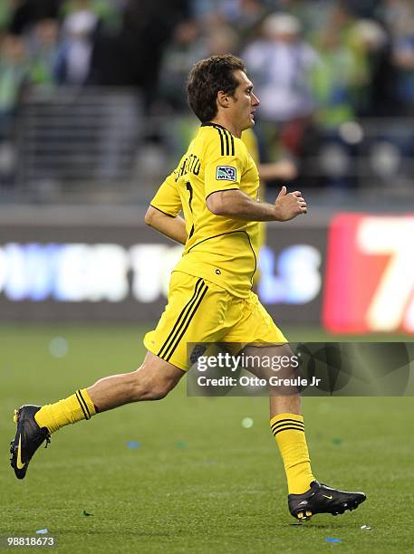 Guillermo Barros Schelotto of the Columbus Crew in action against the Seattle Sounders FC on May 1, 2010 at Qwest Field in Seattle, Washington.