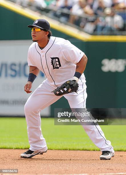 Miguel Cabrera of the Detroit Tigers fields against the Los Angeles Angels of Anaheim during the game at Comerica Park on May 2, 2010 in Detroit,...