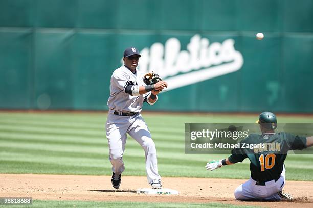 Robinson Cano of the New York Yankees turning two during the game against the Oakland Athletics at the Oakland Coliseum on April 22, 2010 in Oakland,...