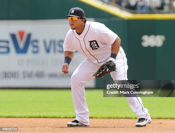 Miguel Cabrera of the Detroit Tigers fields against the Los Angeles Angels of Anaheim during the game at Comerica Park on May 2, 2010 in Detroit,...